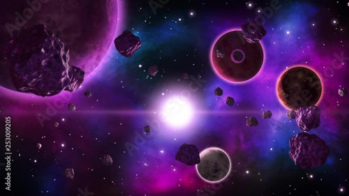 Space sci-fi background with spinning planets and asteroids. Seamless loop.