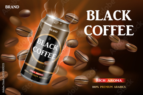 Realistic black canned coffee with beans swirling around. Product coffee drink design with bokeh background. Vector 3d illustration