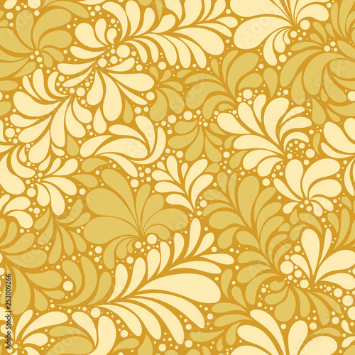 Paisley or Damask Golden Floral Seamless Pattern  Vector Ornament. hand drawn seamless pattern. Damask silhouette texture. Floral teardrop motif. Vintage ornate background. Textile  wallpaper