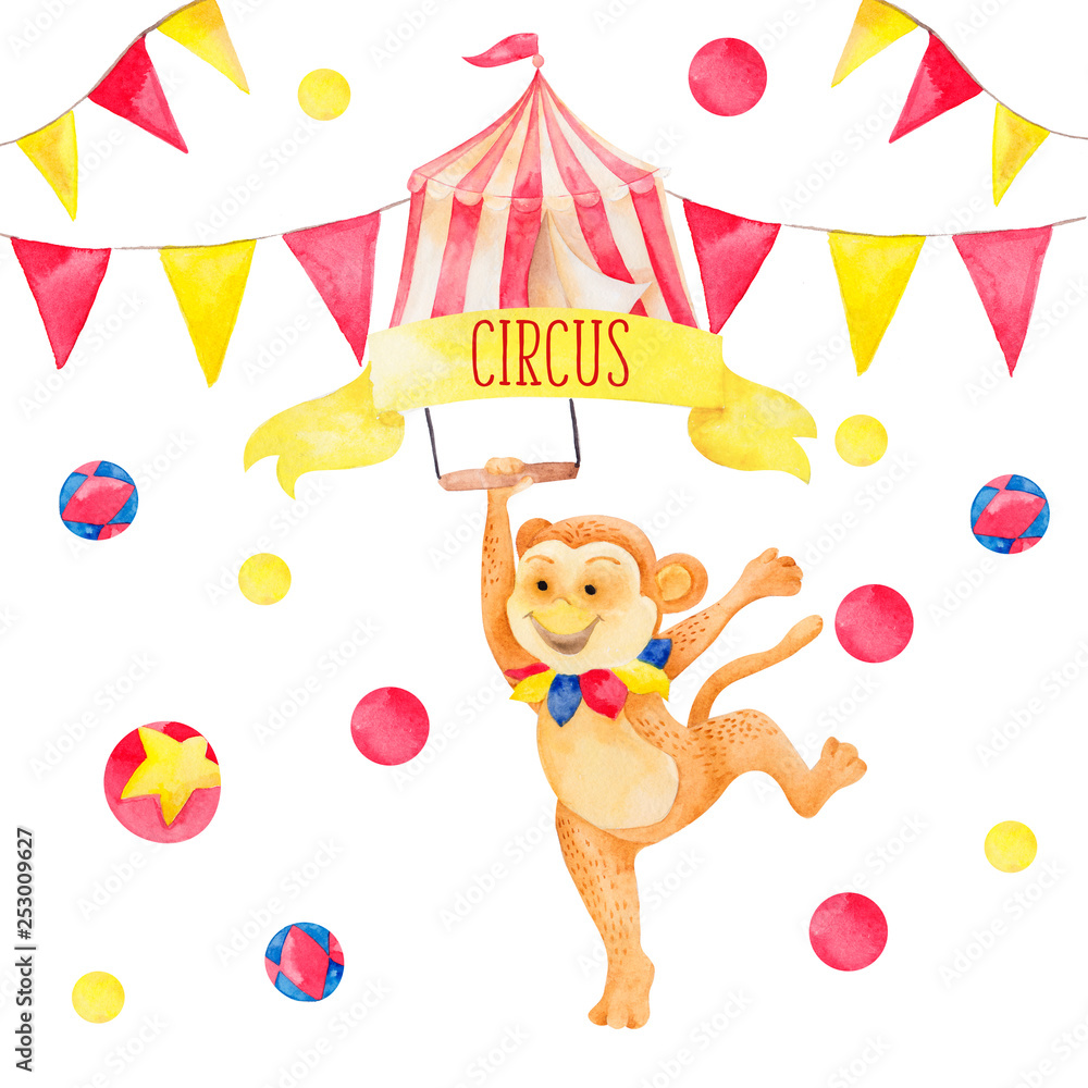 Watercolor illustration with cute circus animals Watercolor illustration with cute circus animals