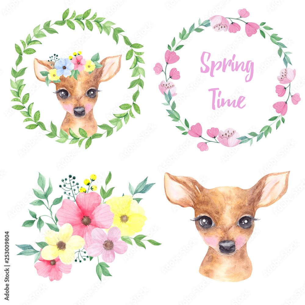 Plakat Akwarela ilustracja słodkie jelenie i wiosenne kwiaty