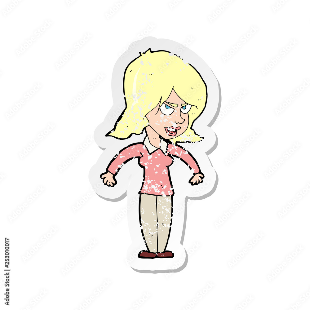 retro distressed sticker of a cartoon mean woman retro distressed sticker of a cartoon mean woman