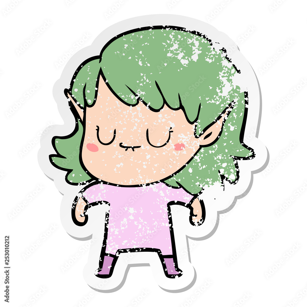 distressed sticker of a happy cartoon elf girl distressed sticker of a happy cartoon elf girl