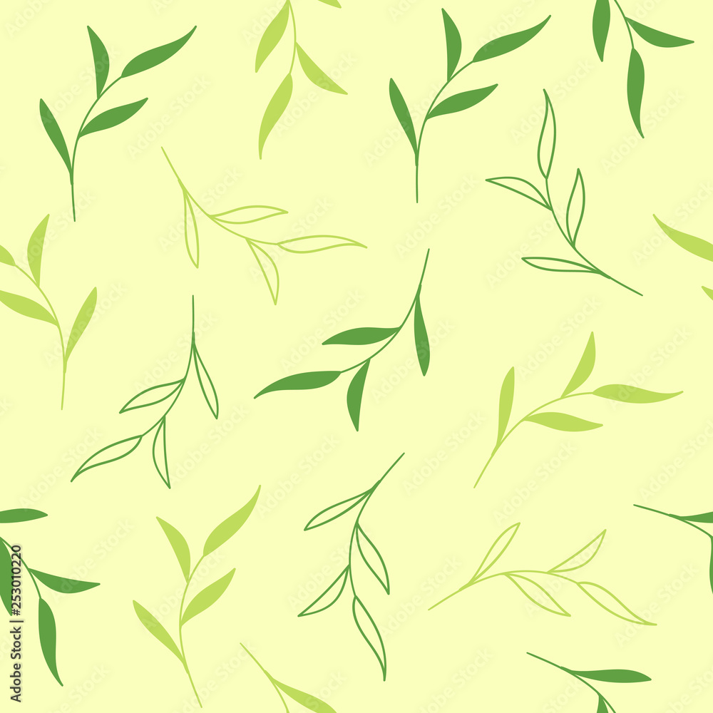 Floral seamless vector pattern. Light green background with tea leaves