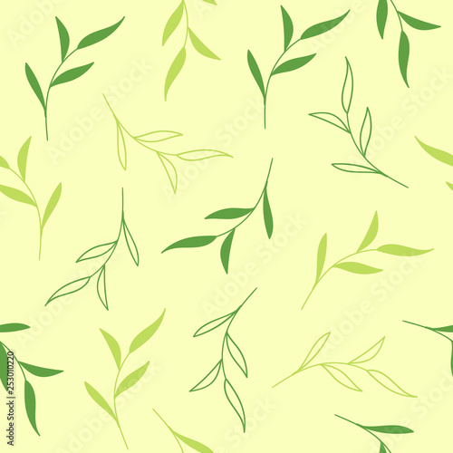 Floral seamless vector pattern. Light green background with tea leaves © Artulina