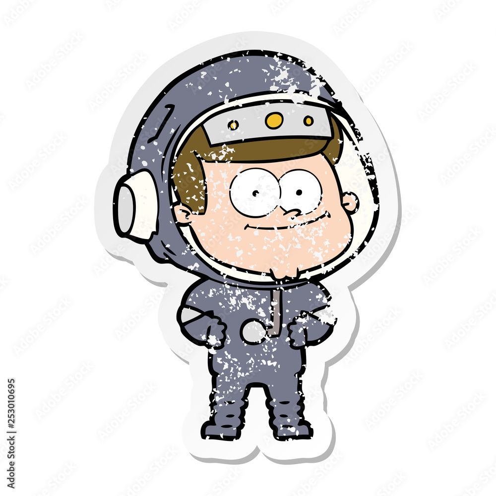 distressed sticker of a happy astronaut cartoon distressed sticker of a happy astronaut cartoon