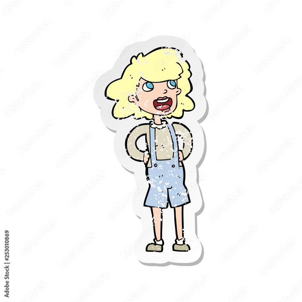 retro distressed sticker of a cartoon woma in dungarees retro distressed sticker of a cartoon woma in dungarees