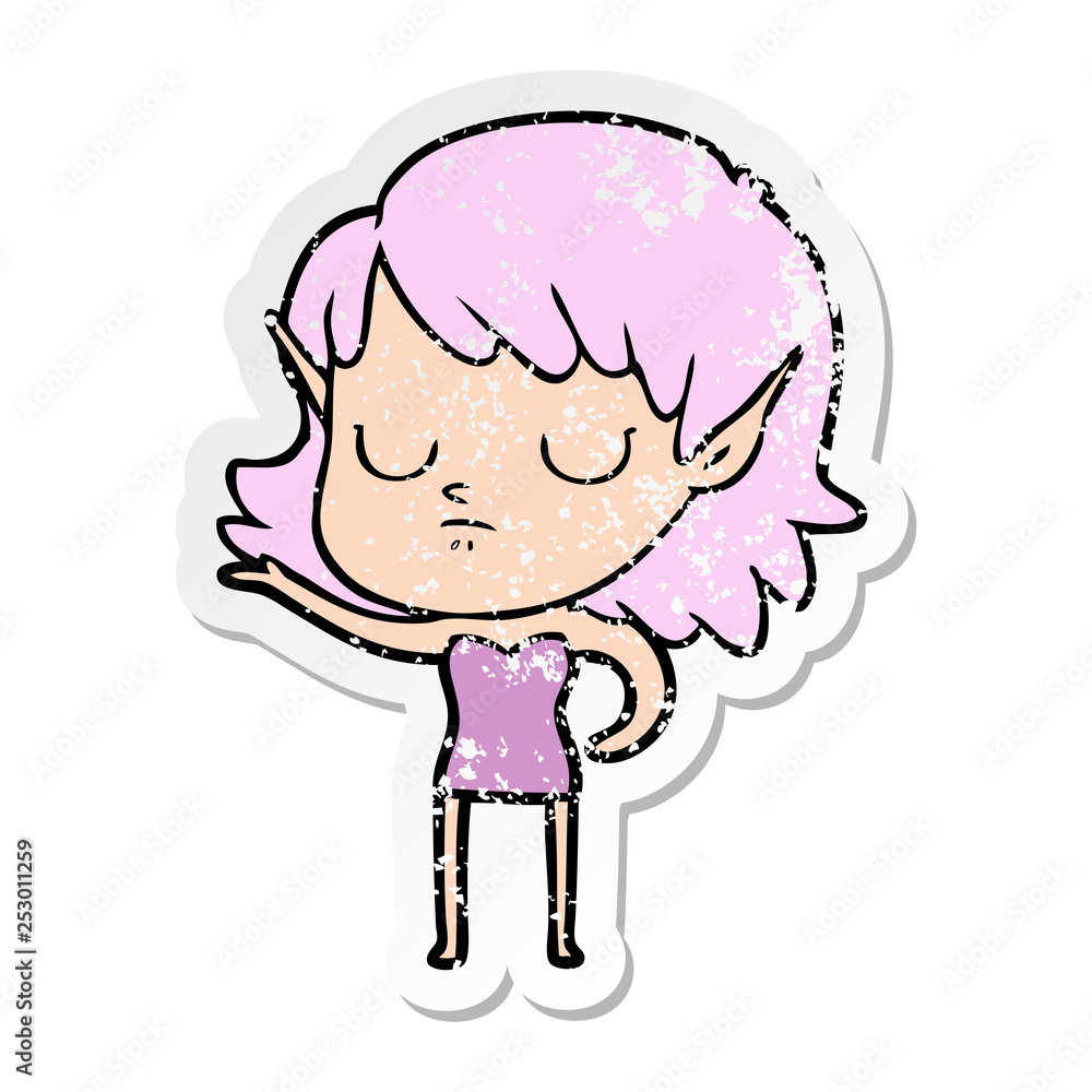 distressed sticker of a cartoon elf girl distressed sticker of a cartoon elf girl
