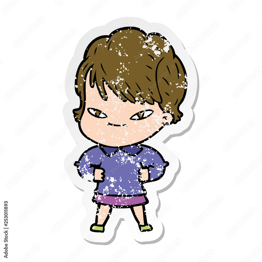 distressed sticker of a cartoon happy woman distressed sticker of a cartoon happy woman