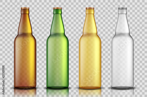 Set of Realistic glass beer bottles isolated on transparent background. blank beer bottle Mock up template for product package. Vector illustration.