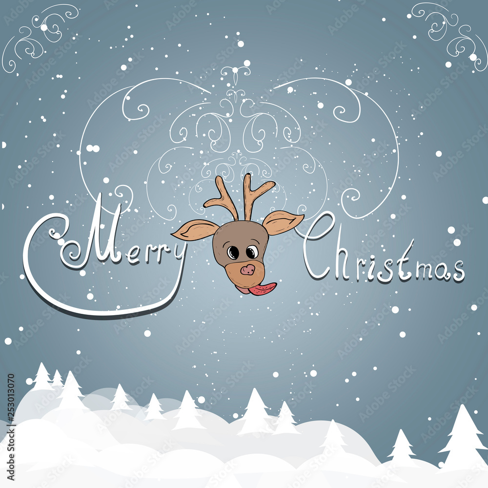 Christmas greetings on a gray background with a funny deer . Christmas greetings on a gray background with a funny deer .