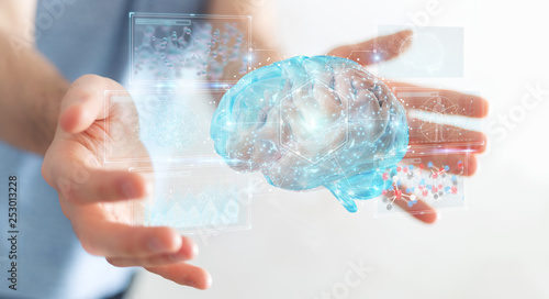 Quadro su tela Businessman using digital 3D projection of a human brain 3D rendering