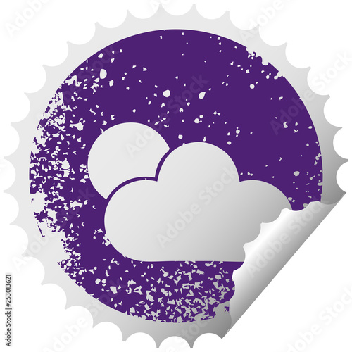 distressed circular peeling sticker symbol sunshine and cloud