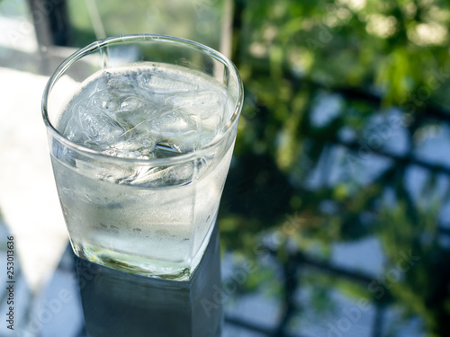 A glass of cold drinking water with ice