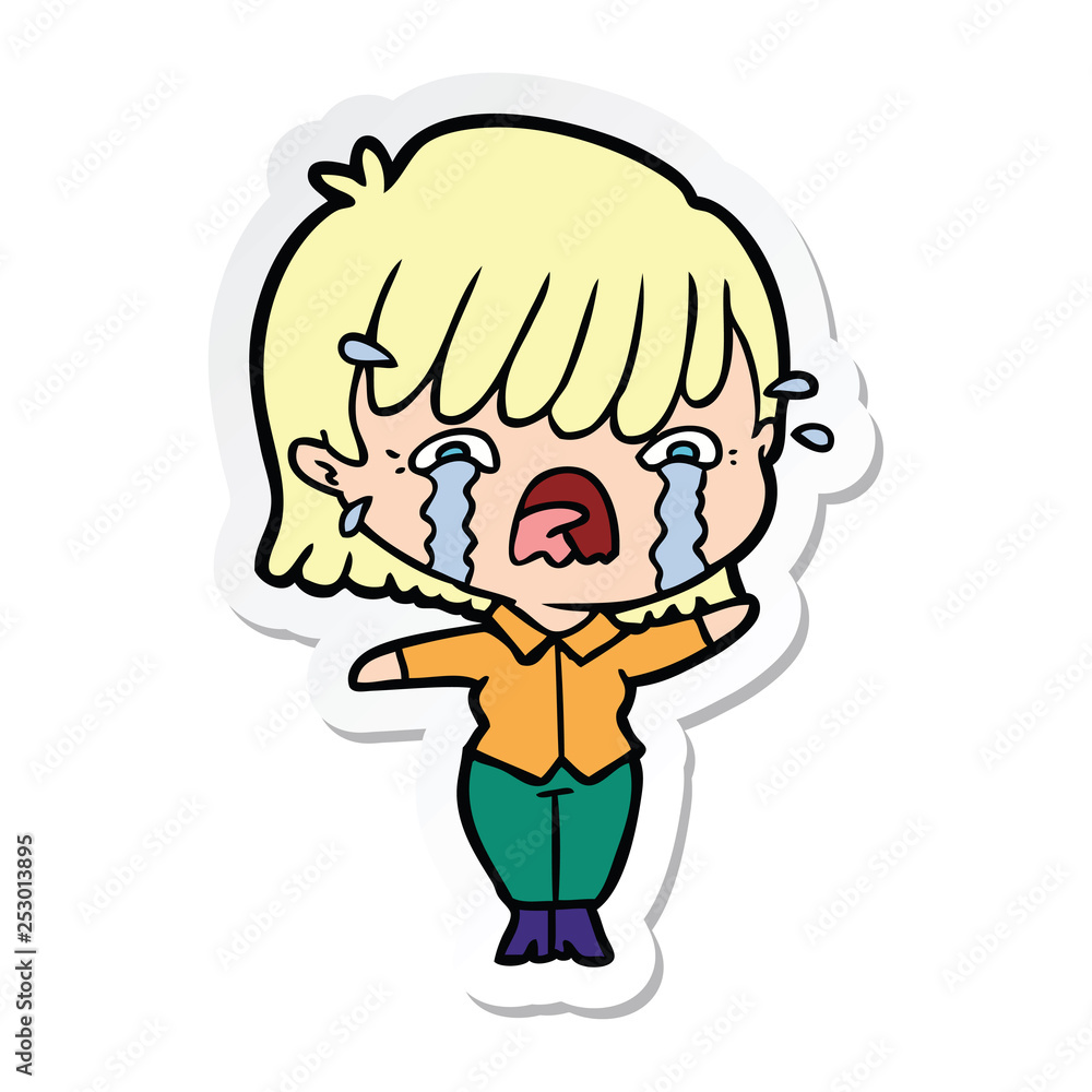 sticker of a cartoon girl crying