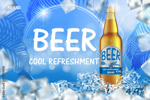 Craft icy beer ads with splashing. Realistic glass beer bottle with ice cubes on shiny summer blue background. Vector 3d illustration
