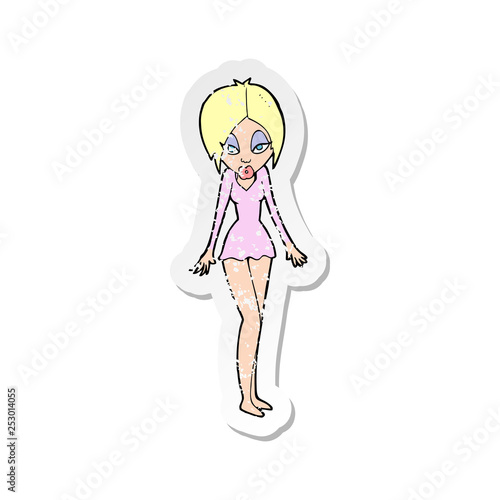 retro distressed sticker of a cartoon woman in short dress