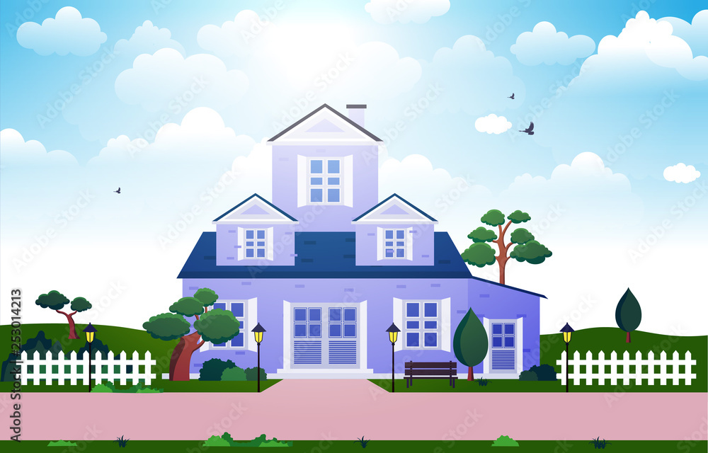 Naklejka premium Beautiful Modern House Exterior Facade Yard Residential Illustration