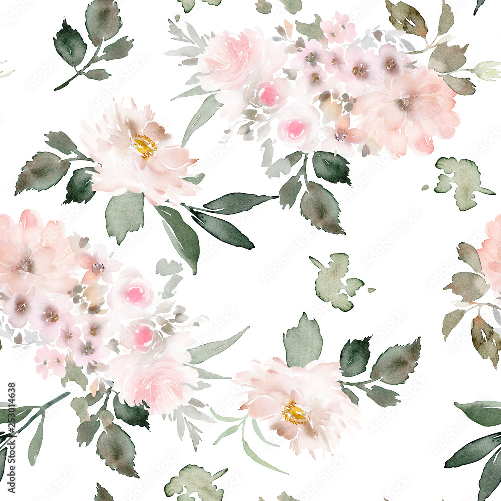 Fototapeta premium Seamless summer pattern with watercolor flowers handmade.