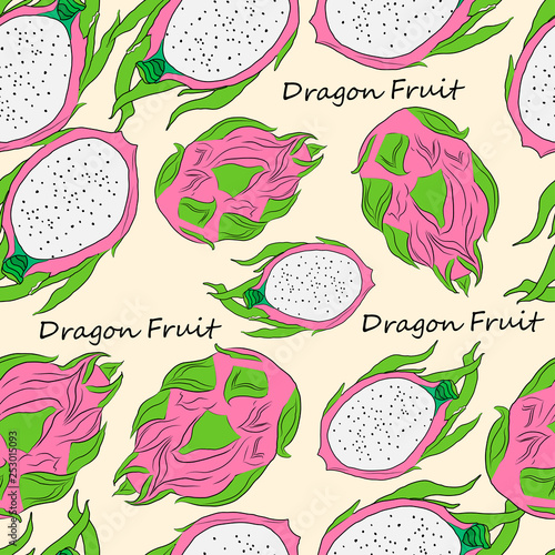  Seamless pattern with bright fruit pithaya on a light background , vector illustration .