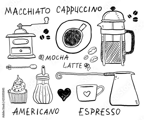 Doodle set of coffee drawings, handmade sketches.