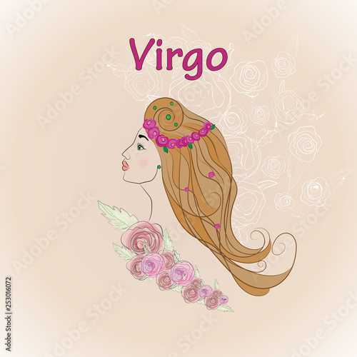 Virgo, image of a girl with arrows, flowers and colored feathe,girl with flowers