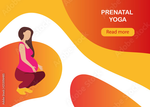 Yoga for pregnant woman banner template in a modern cartoon style.