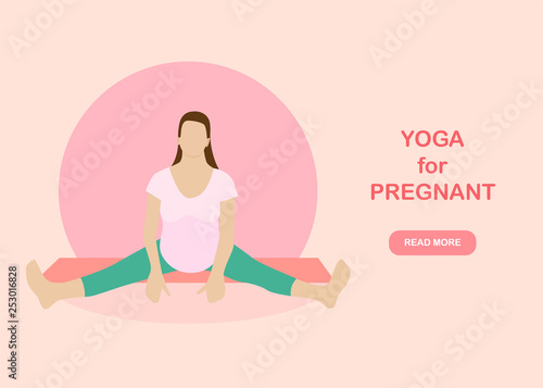 Yoga for pregnant woman banner template in a modern cartoon style.