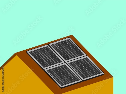 Solar panels on the roof of the house in flat style