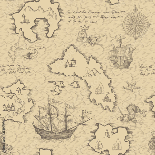 Old caravel, vintage sailboat, sea monster. Vector seamless pattern