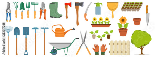 set of different gardening tools, spring garden items, various tools for gardening, garden elements, vector graphic to design