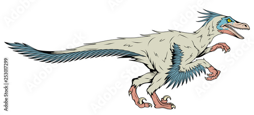 velociraptor with feathers, fossil dinosaur, prehistoric animals, vector graphic to design