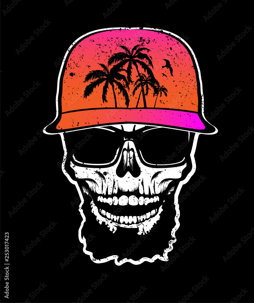 Skull with beard in orange cap and sunglasses. T-shirt print, design for youth, teenagers.