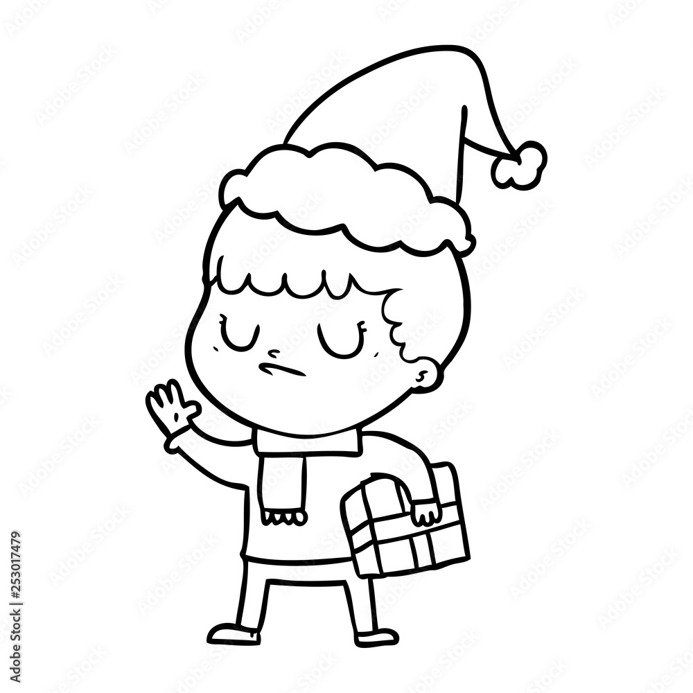 line drawing of a grumpy boy wearing santa hat
