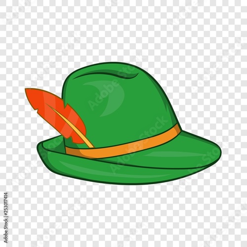 Green hat with a feather icon in cartoon style on a background for any web design 