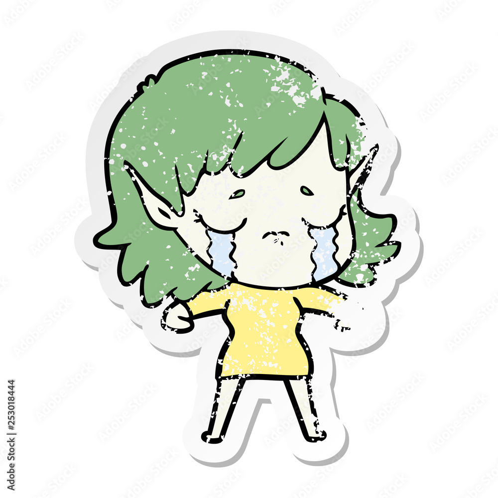 distressed sticker of a cartoon crying elf girl distressed sticker of a cartoon crying elf girl