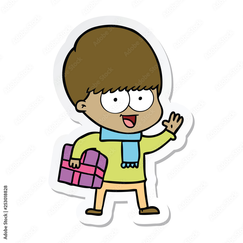 sticker of a happy cartoon boy with present sticker of a happy cartoon boy with present