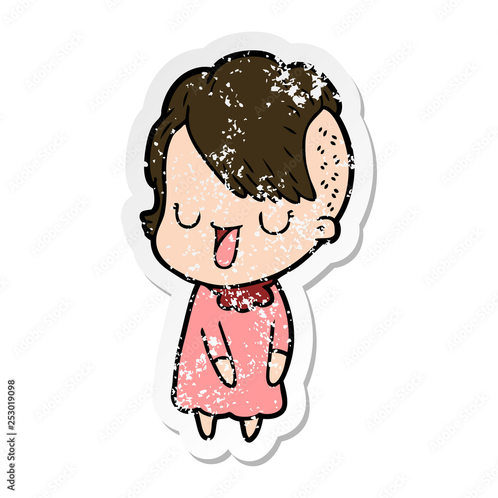 distressed sticker of a cute cartoon girl with hipster haircut distressed sticker of a cute cartoon girl with hipster haircut