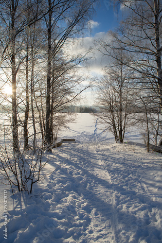Winter wonderland scenery in Finland. Cold winter morning with snow and sunshine during sunrise