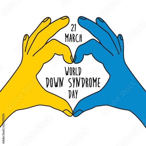 World Down Syndrome Day.Two hands making heart sign