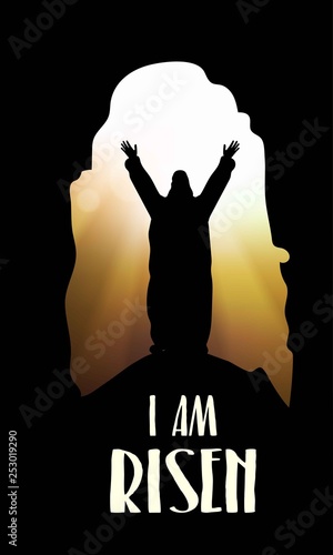 Tomb with silhouette of Jesus Christ. I am risen. Easter illustration. Religious card