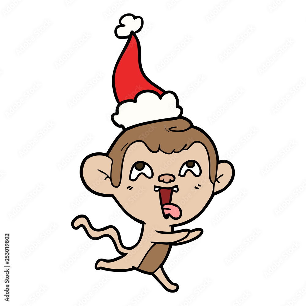 crazy line drawing of a monkey running wearing santa hat crazy line drawing of a monkey running wearing santa hat