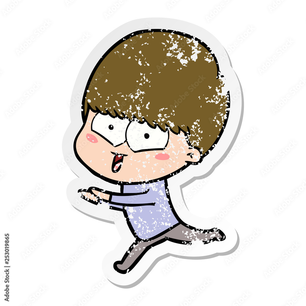 distressed sticker of a cartoon happy boy