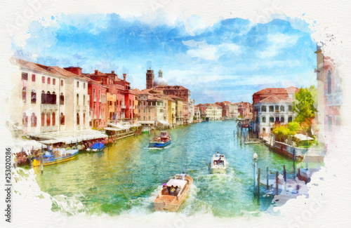 Venetian Grand Canal with boats, watercolor painting © vlukas