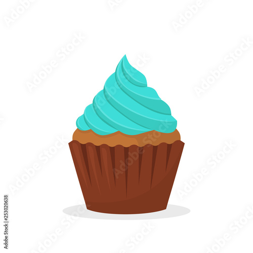 Chocolate muffin with blue cream. Sweet food  cupcake with frosting flat vector icon