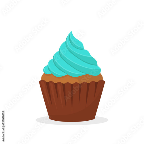 Chocolate muffin with blue cream. Sweet food, cupcake with frosting flat vector icon
