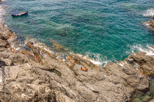 Italy, Cinque Terre, Manarola, HIGH ANGLE VIEW OF ROCKS IN SEA