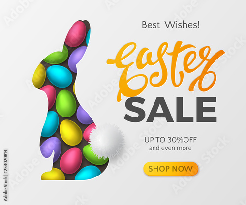 Vector template of Easter sale banner with 3d colorful eggs, text and realistic layered cut out paper bunny with fur tail. Festive white background for promo flyers with discount or special offers.