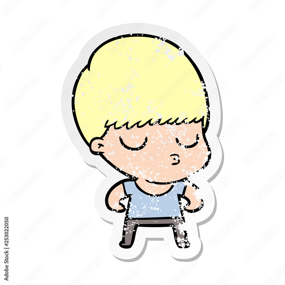 distressed sticker of a cartoon calm boy distressed sticker of a cartoon calm boy