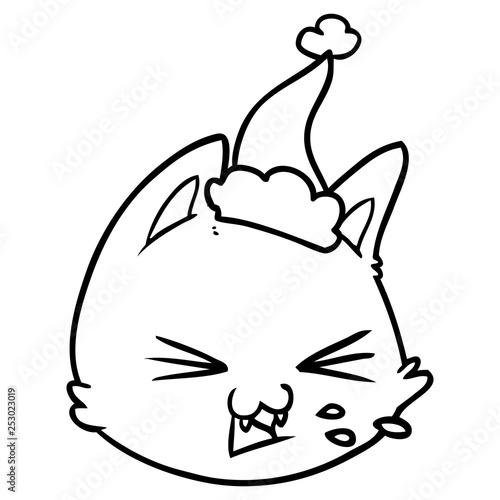 spitting line drawing of a cat face wearing santa hat